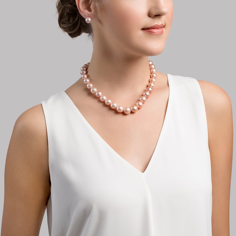 12-13mm Pink Freshwater Pearl Necklace - AAA Quality - Model Image