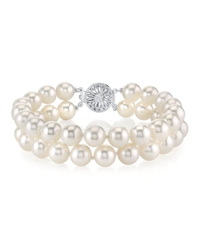 7.0-7.5mm White Freshwater Double Pearl Bracelet with 14K Gold Clasp