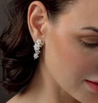 White Freshwater Pearl & Mother of Pearl Flower Magnolia Earrings - Model Image