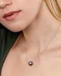 Model is wearing the tahitian Solitaire Pendant with 10mm AAAA quality pearls