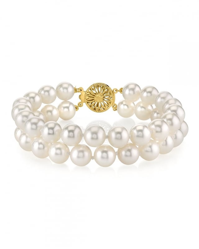 7.0-7.5mm White Freshwater Double Pearl Bracelet with 14K Gold Clasp - Third Image