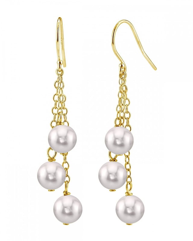 14K Gold White Akoya Pearl Dangle Cluster Earrings