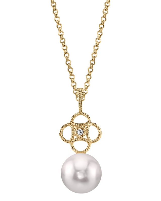 14K Gold Akoya Pearl & Diamond Lacy Pendant