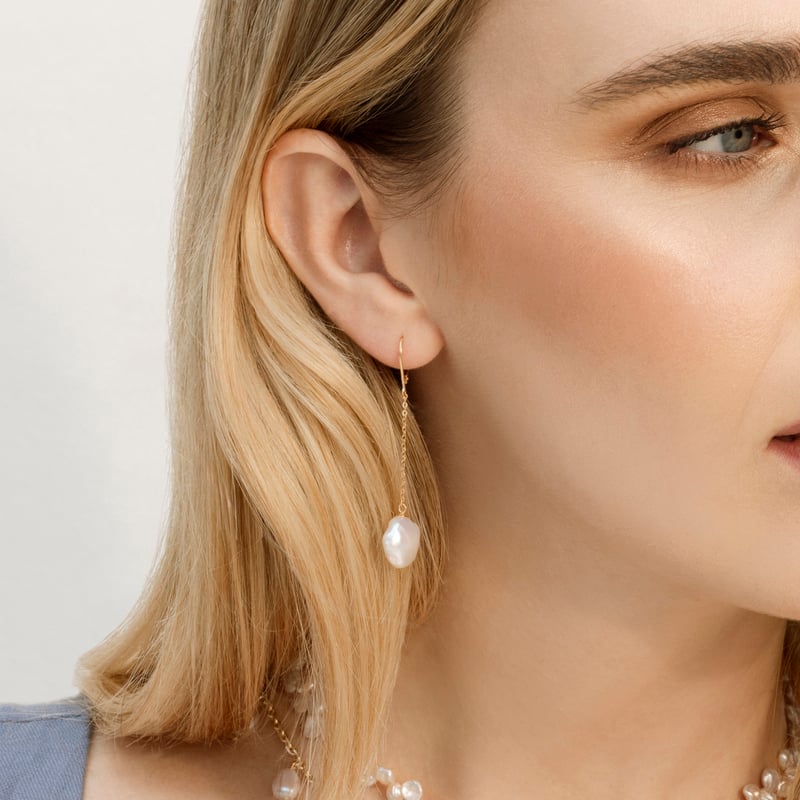 18K White Freshwater Baroque Pearl Polly Earrings - Model Image