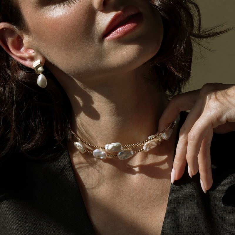 18K Gold White Baroque Freshwater Pearl Beaded Bangle Mira Necklace - Model Image