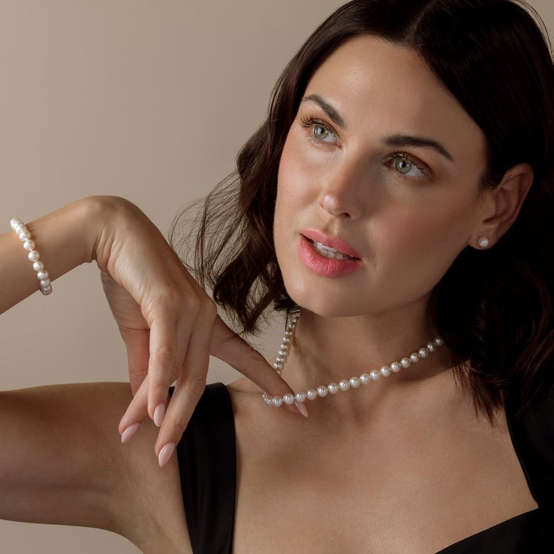 7.0-7.5mm White Freshwater Pearl Necklace, Bracelet & Earrings - Secondary Image