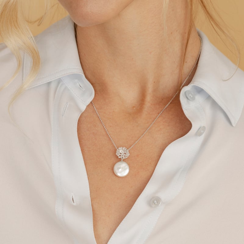 White Freshwater Baroque Coin Pearl Athena Pendant - Model Image