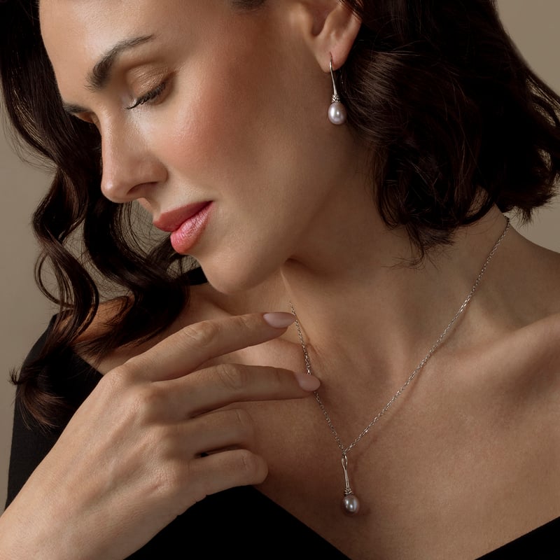 Pink Freshwater Drop Pearl Denise Pendant and Earring Set - Model Image