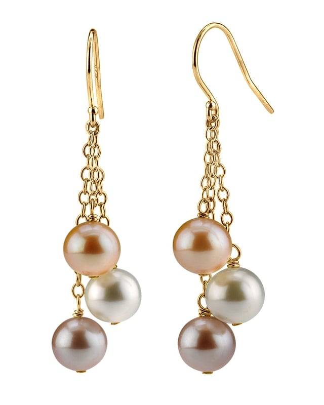 14K Gold Freshwater Multicolor Pearl Dangling Cluster Earrings