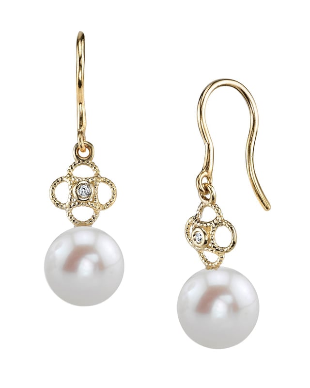 14K Gold Freshwater Pearl & Diamond Lacy Earrings