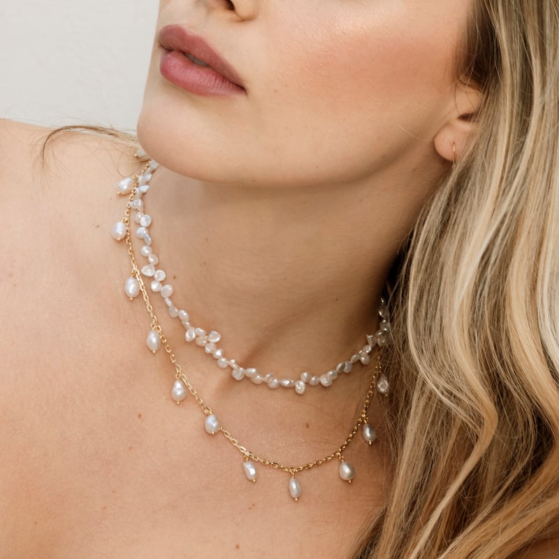 White Freshwater Cultured Keshi Pearl Jasmine Necklace for Women - Model Image