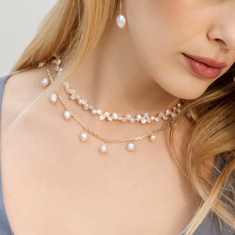5-6mm White Freshwater Cluster Keshi Pearl Necklace - Model Image