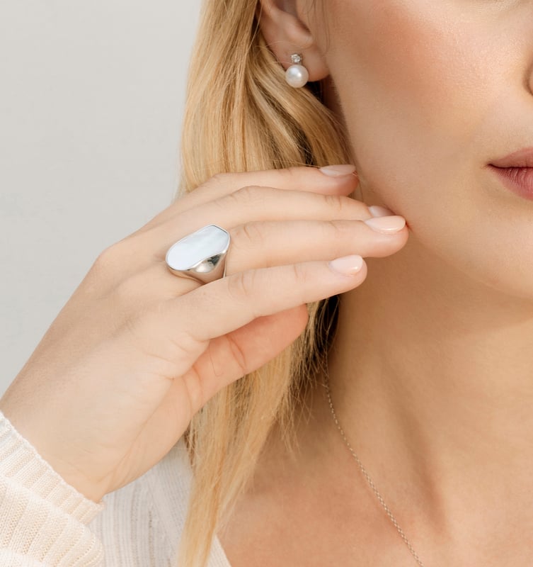 White Cultured Mother of Pearl Nova Ring - Model Image