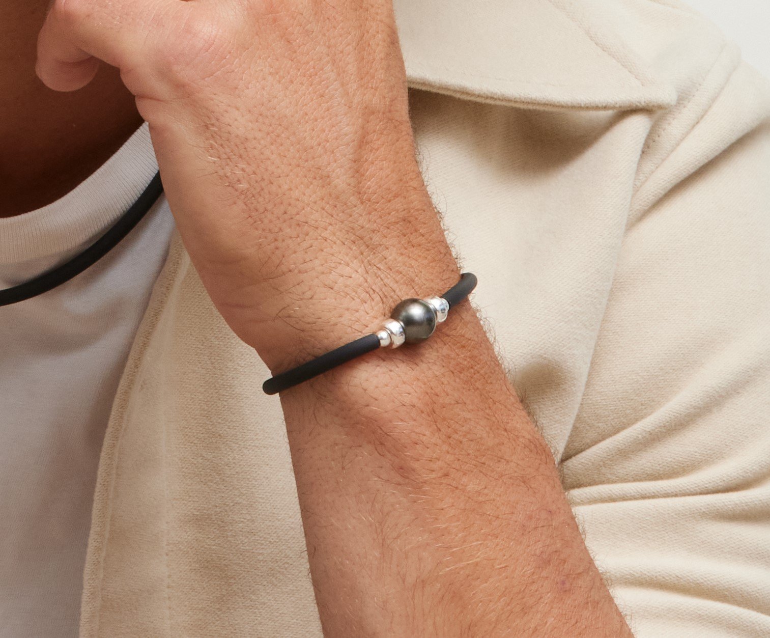 Tahitian Round Pearl Rubber Bracelet for Men