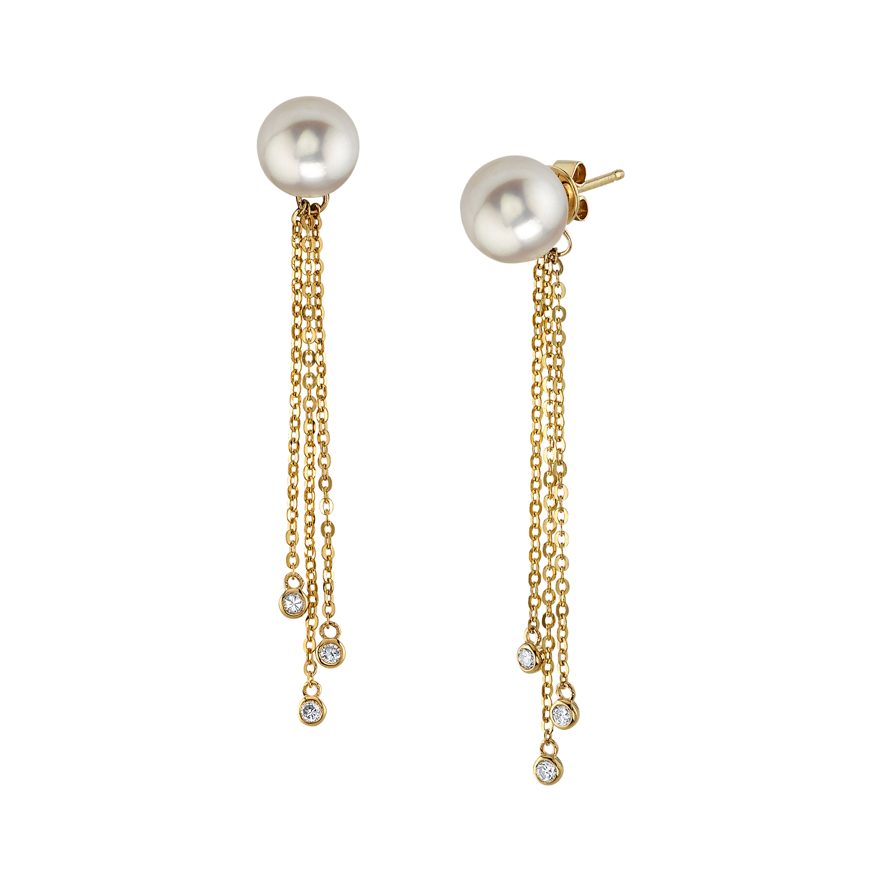 Japanese Akoya Pearl Threader Diamond Tear Earrings