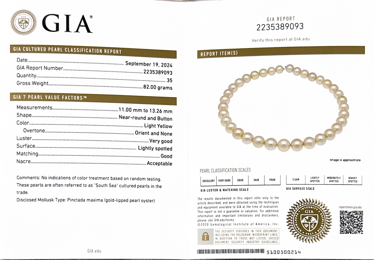 11-13mm Golden South Sea Pearl Necklace - GIA Certified