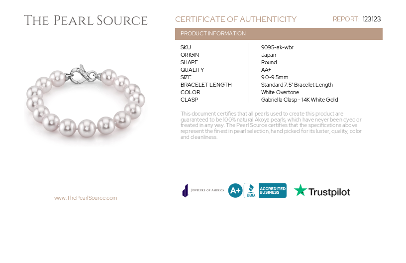 9.0-9.5mm Akoya White Pearl Bracelet-Certificate