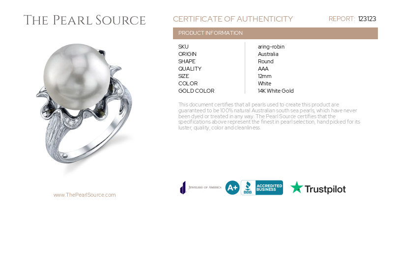 South Sea Pearl & Diamond Robin Ring-Certificate