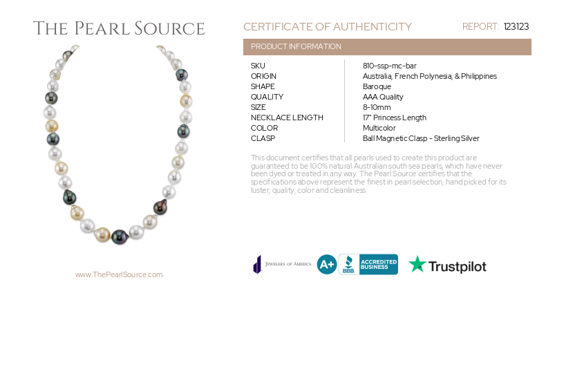 8-10mm South Sea & Tahitian Multicolor Baroque Pearl Necklace-Certificate