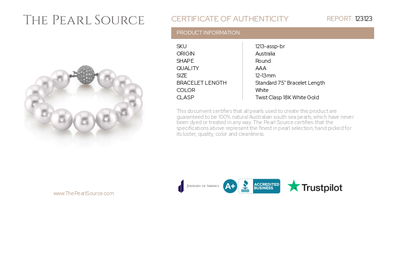 12-13mm White South Sea White Pearl Bracelet-Certificate