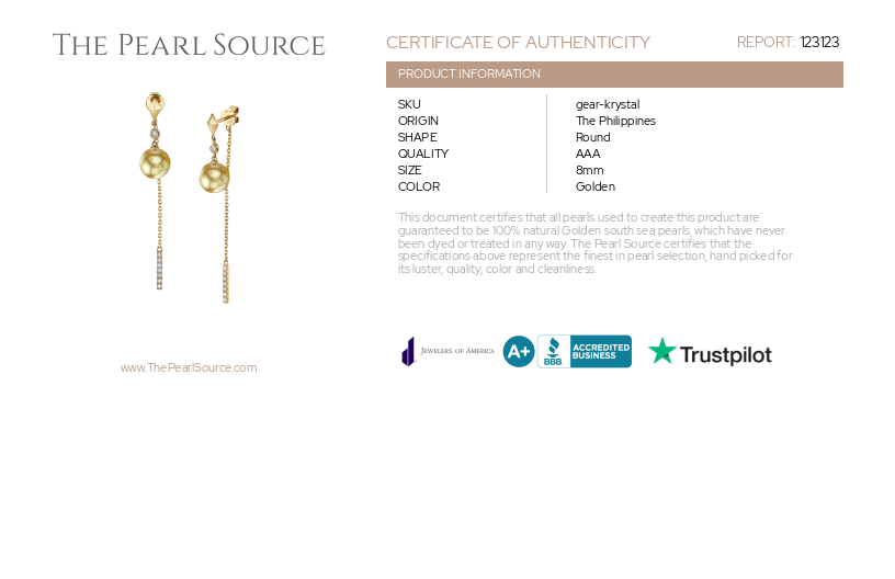 Golden South Sea Pearl & Diamond Threader Krystal Earrings-Certificate