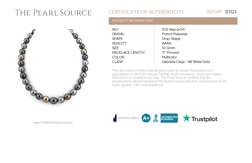 10-12mm Tahitian South Sea Multicolor Drop-Shape Pearl Necklace - AAAA Quality-Certificate